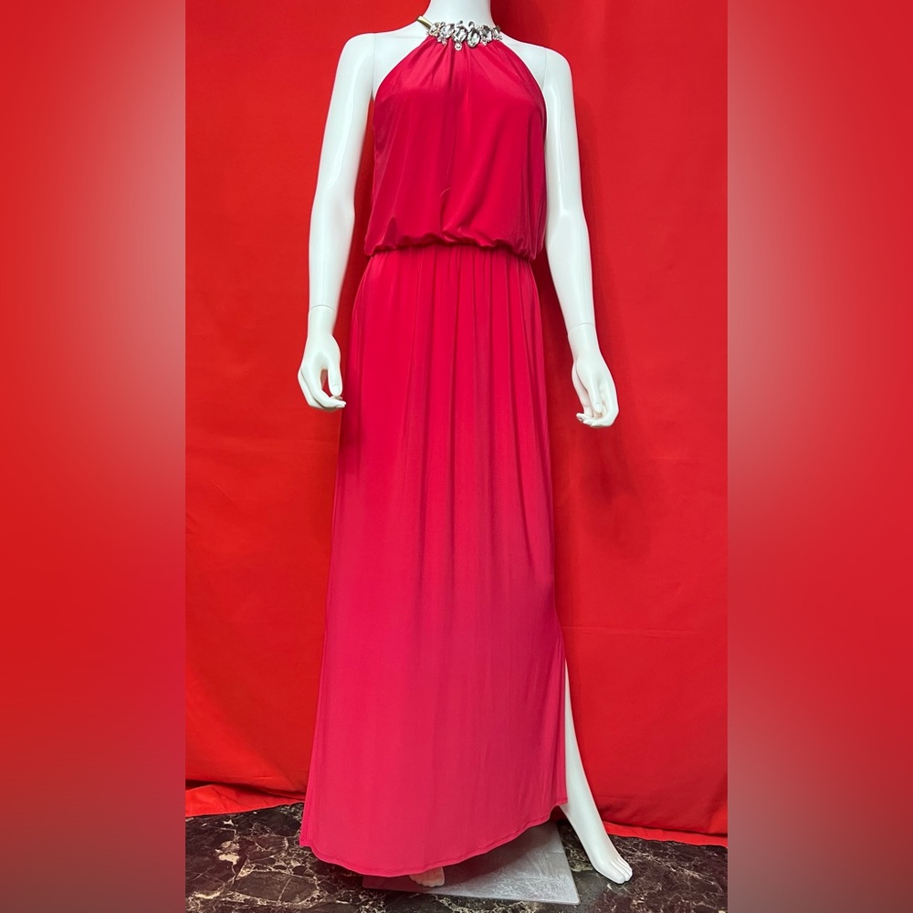 JBS Fuchsia Maxi Gown w/ Crystal Neckline & Side Slits - Size M